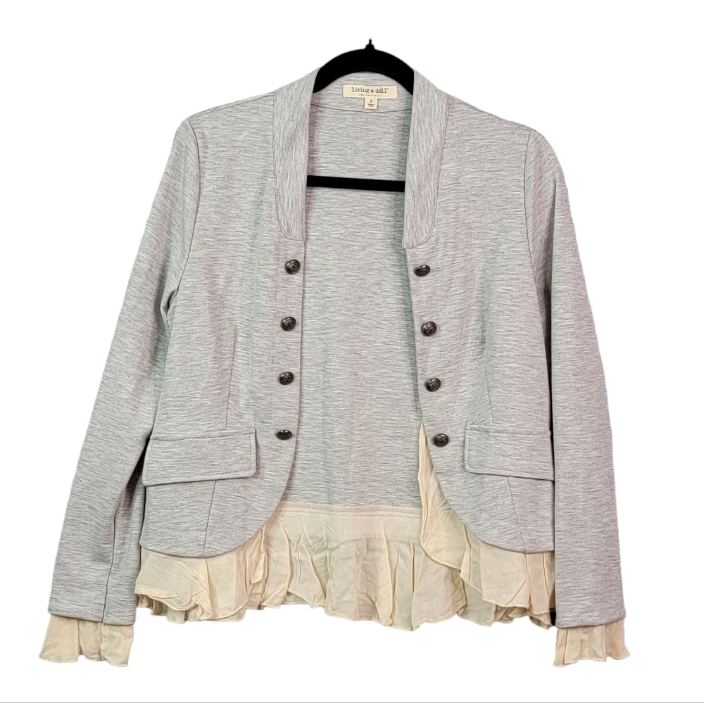Living Doll Los Angeles Vedor Heather Gray Open Ruffled Cardigan Top Size S NWT